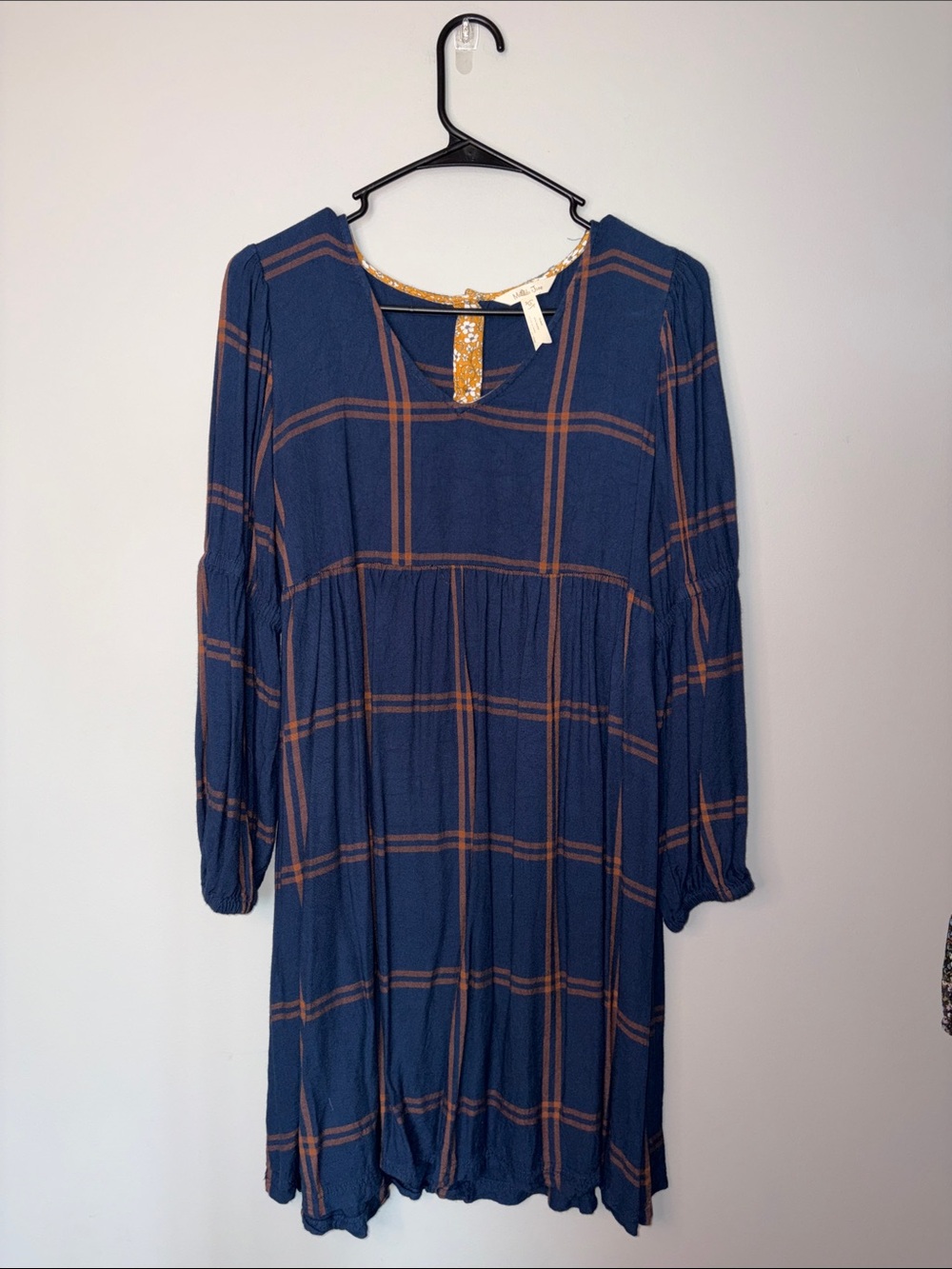 Matilda Jane Navy Dress with Plaid and Mustard Floral Trim Medium